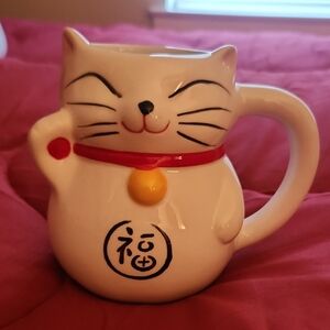 Cost Plus World Market White and Red Lucky Cat Mug